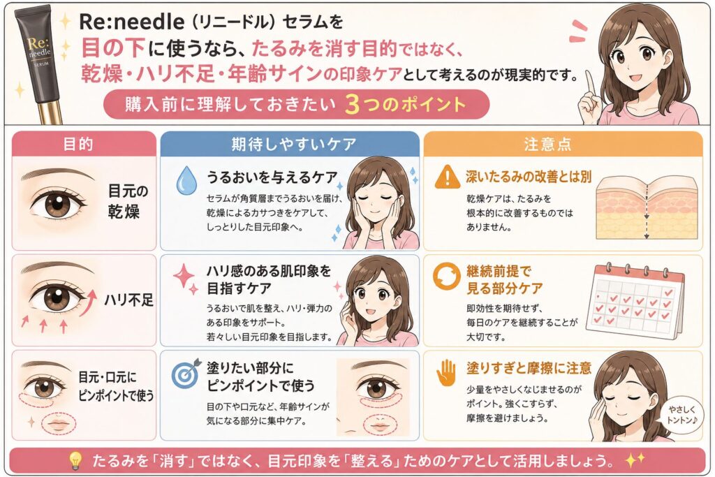 Re:needle（リニードル）セラムは目の下のたるみに使える？ 口コミと注意点を整理